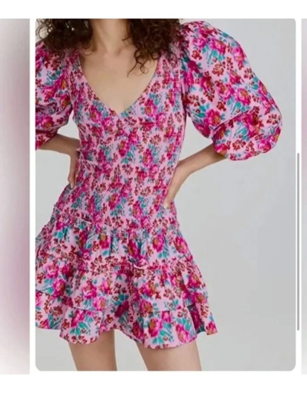 LOVE THE LABEL Raspberry Pink Floral Audrey Smocked Mini Dress size large